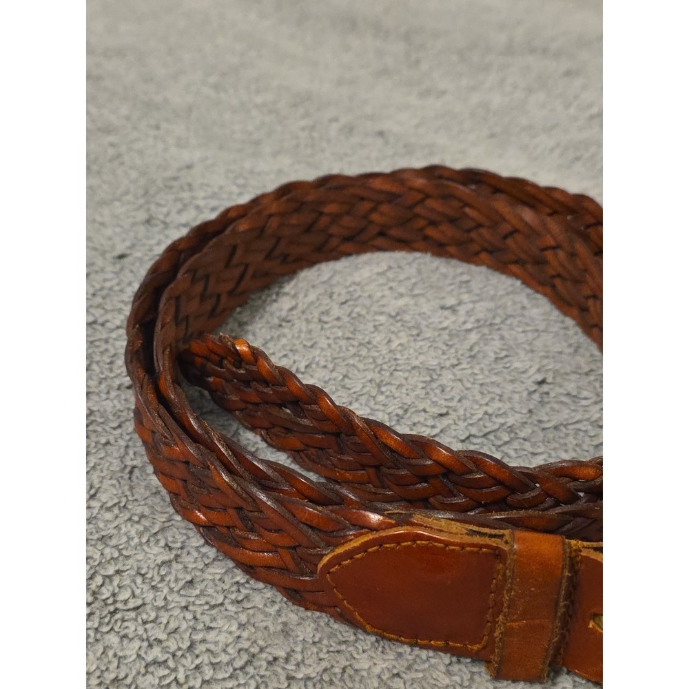 Talbots Womens Belt Lg Genuine Brown Leather Braided Solid Brass Buckle - Picture 3 of 6